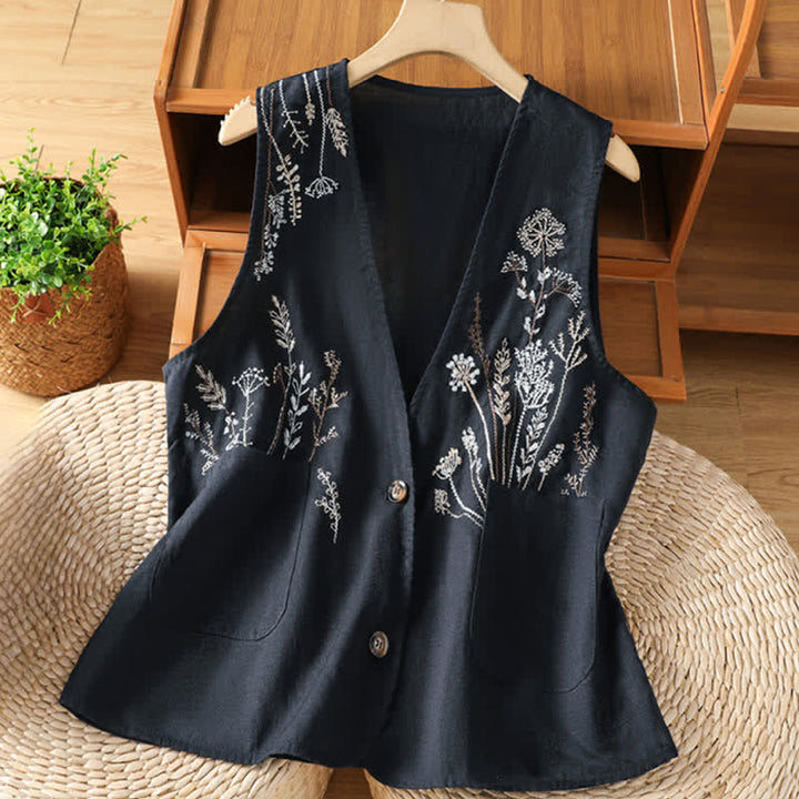 Buddha Stones Chemises sans manches d'été brodées à motifs floraux pour femmes, avec poches - Marine - US8-10，UK/AU12-14，EU40-42 (2XL) - image 8