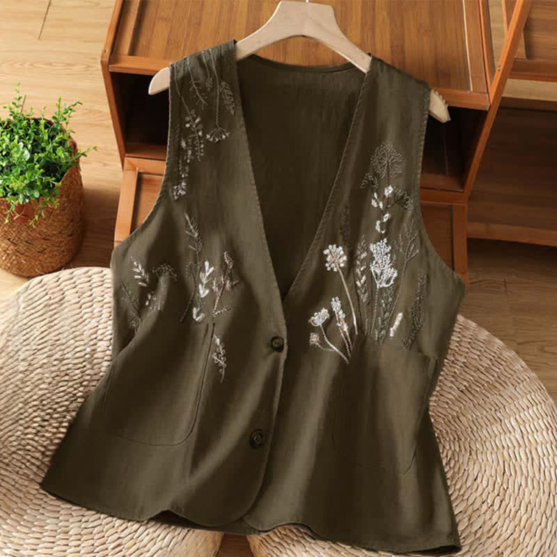 Buddha Stones Chemises sans manches d'été brodées à motifs floraux pour femmes, avec poches - Saddlebrown - US8-10，UK/AU12-14，EU40-42 (2XL) - image 14