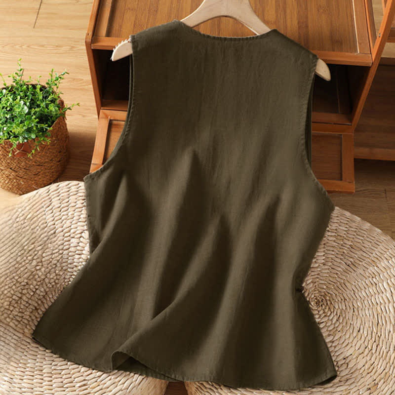Buddha Stones Chemises sans manches d'été brodées à motifs floraux pour femmes, avec poches - image 15