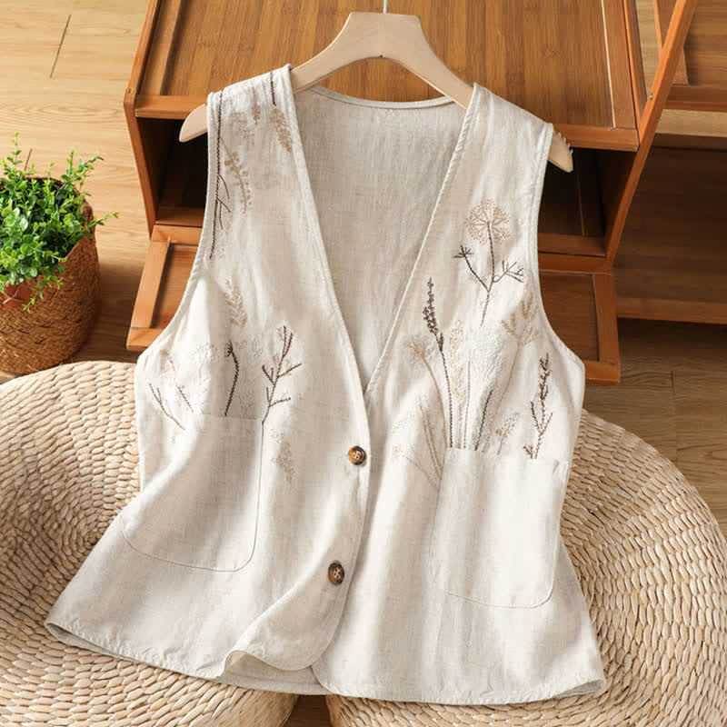 Buddha Stones Chemises sans manches d'été brodées à motifs floraux pour femmes, avec poches - Beige - US8-10，UK/AU12-14，EU40-42 (2XL) - image 0