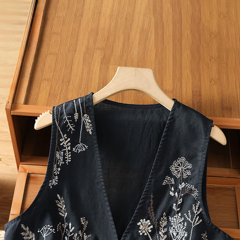 Buddha Stones Chemises sans manches d'été brodées à motifs floraux pour femmes, avec poches - image 10