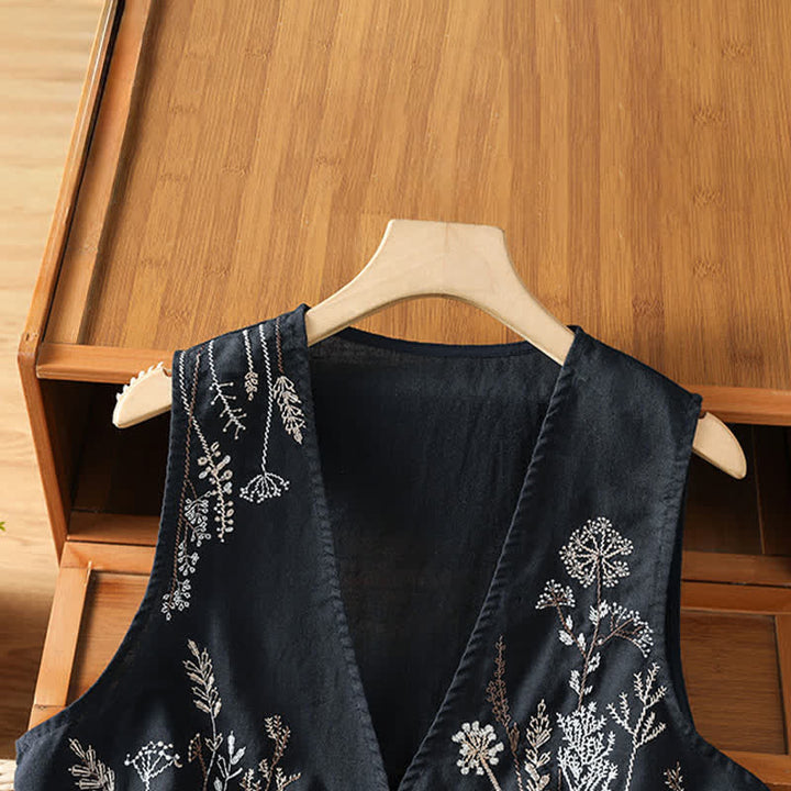 Buddha Stones Chemises sans manches d'été brodées à motifs floraux pour femmes, avec poches - image 10