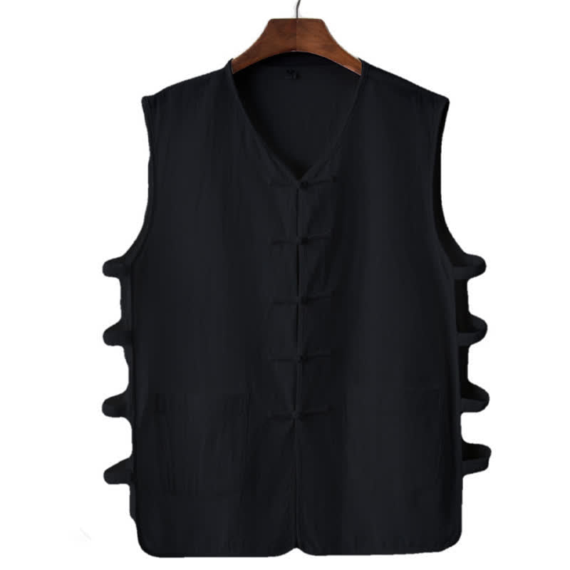 Buddha Stones Débardeur d'été pour homme, style Tang, avec boutons grenouille, fentes latérales, coupe ajourée et poches. - Noir - US/UK/AU46，EU56 (5XL) - image 6