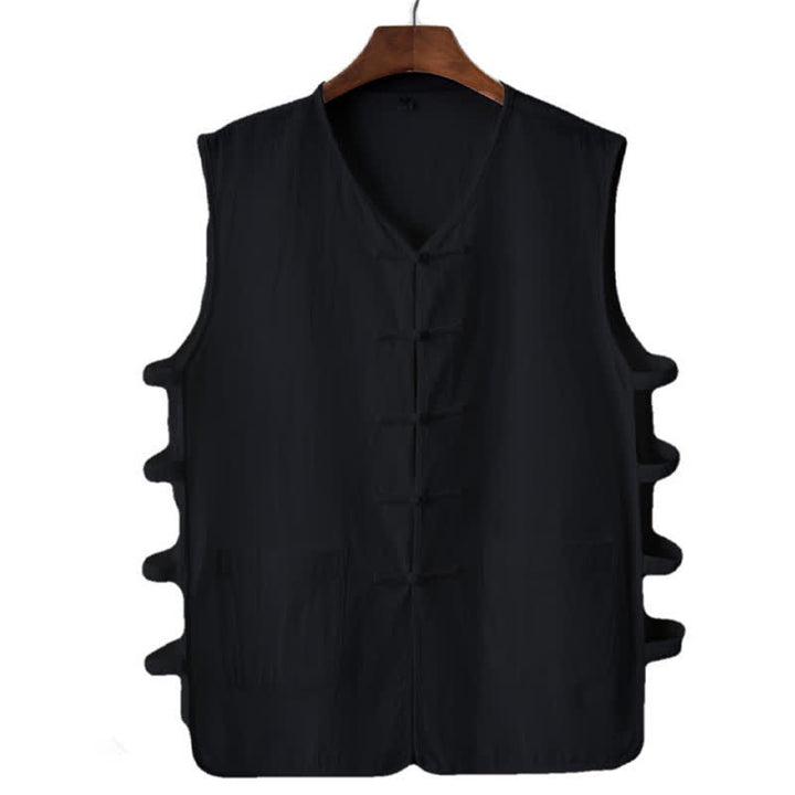 Buddha Stones Débardeur d'été pour homme, style Tang, avec boutons grenouille, fentes latérales, coupe ajourée et poches. - Noir - US/UK/AU46，EU56 (5XL) - image 6