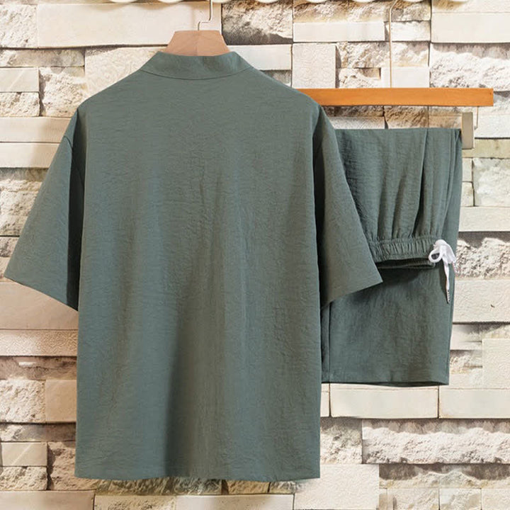 Buddha Stones Ensemble d'été 2 pièces : chemise à manches courtes imprimée délavée avec col mandarin et boutons brandebourg, pantalon bermuda, tenue de méditation pour homme avec poches - image 9