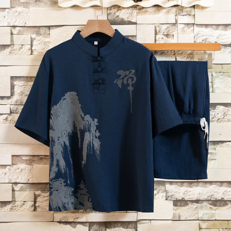 Buddha Stones Ensemble d'été 2 pièces : chemise à manches courtes imprimée délavée avec col mandarin et boutons brandebourg, pantalon bermuda, tenue de méditation pour homme avec poches - Marine - US/UK/AU44，EU54 (4XL) - image 10