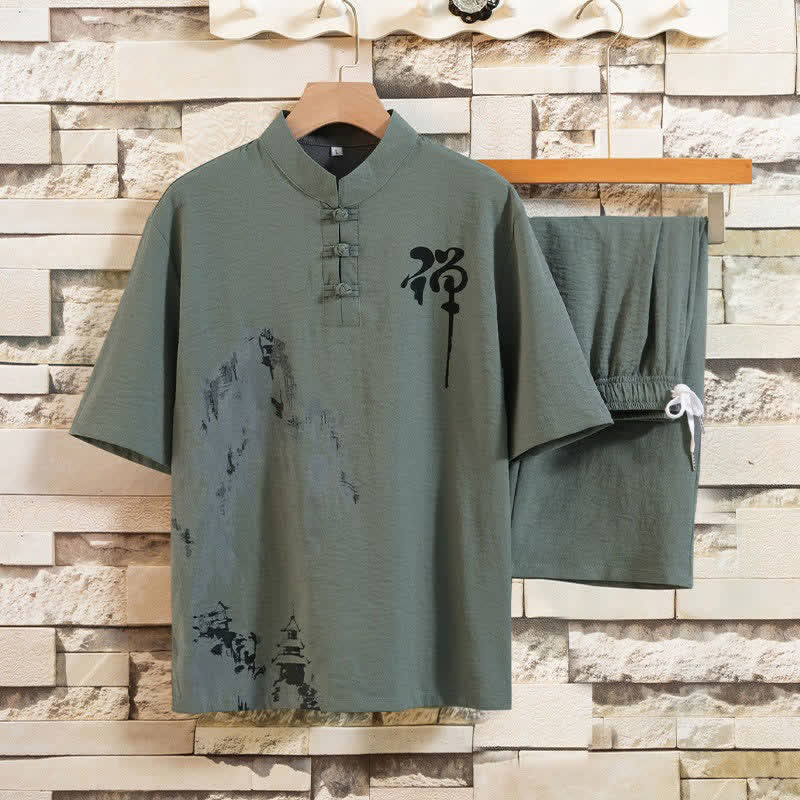 Buddha Stones Ensemble d'été 2 pièces : chemise à manches courtes imprimée délavée avec col mandarin et boutons brandebourg, pantalon bermuda, tenue de méditation pour homme avec poches - Vert foncé - US/UK/AU44，EU54 (4XL) - image 8