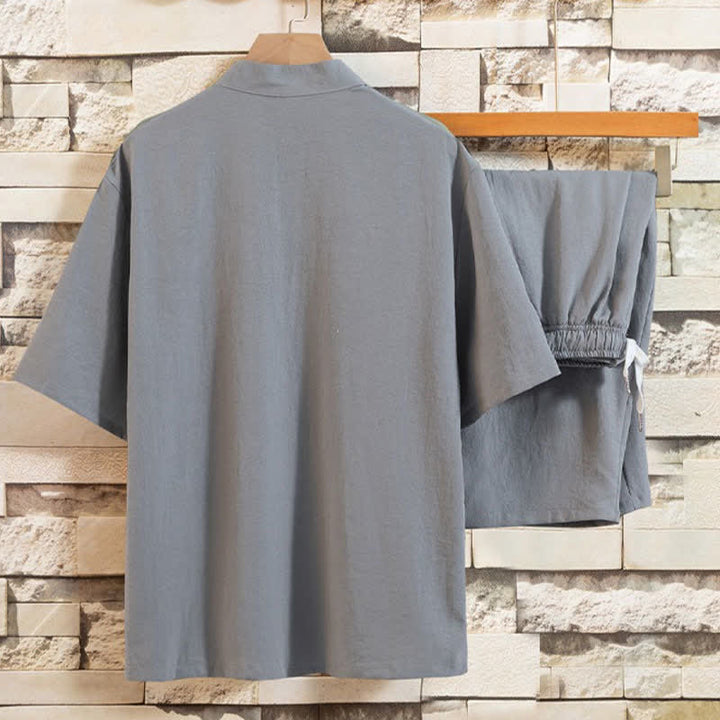 Buddha Stones Ensemble d'été 2 pièces : chemise à manches courtes imprimée délavée avec col mandarin et boutons brandebourg, pantalon bermuda, tenue de méditation pour homme avec poches - image 1