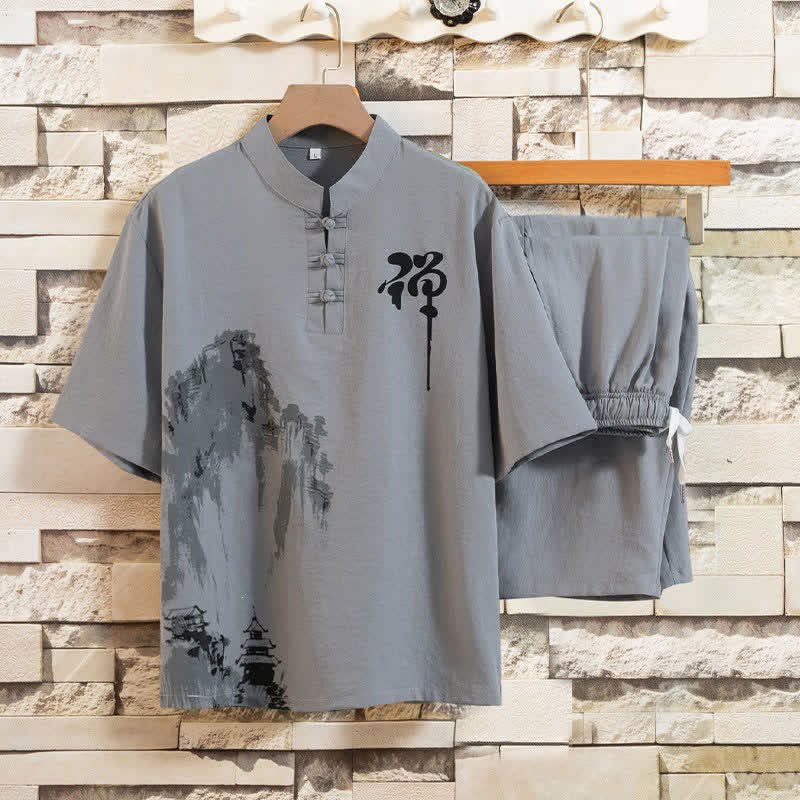 Buddha Stones Ensemble d'été 2 pièces : chemise à manches courtes imprimée délavée avec col mandarin et boutons brandebourg, pantalon bermuda, tenue de méditation pour homme avec poches - Gris ardoise clair - US/UK/AU44，EU54 (4XL) - image 0