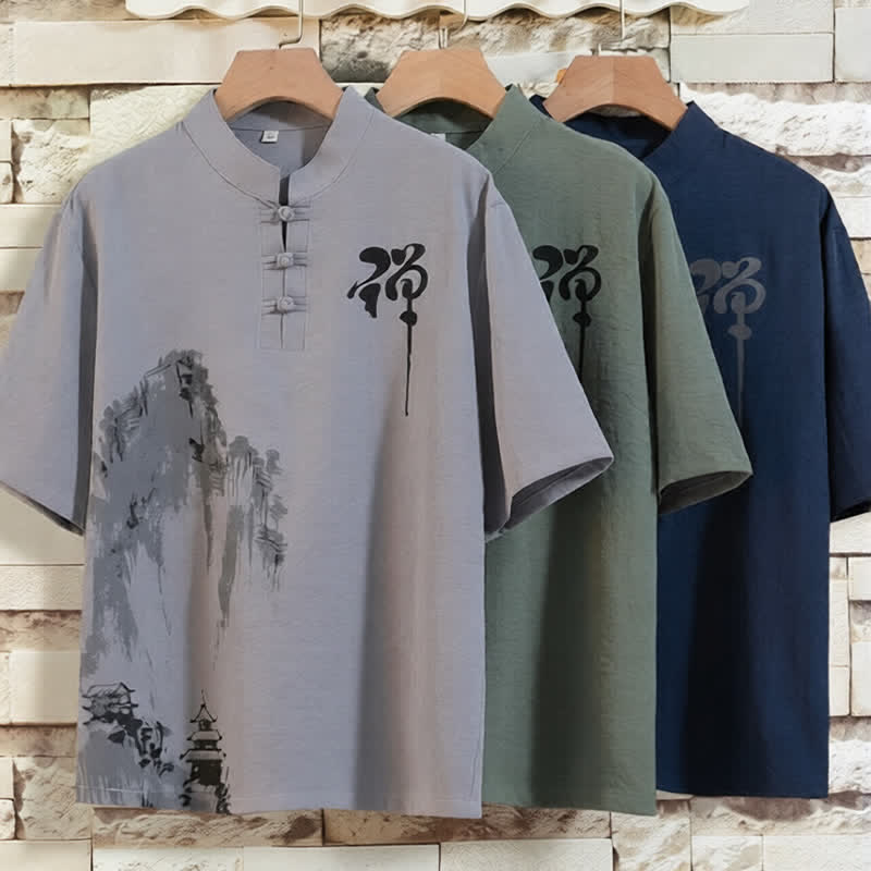 Buddha Stones Ensemble d'été 2 pièces : chemise à manches courtes imprimée délavée avec col mandarin et boutons brandebourg, pantalon bermuda, tenue de méditation pour homme avec poches - image 12