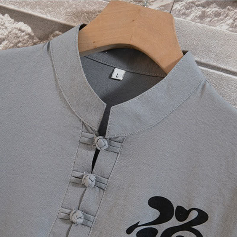 Buddha Stones Ensemble d'été 2 pièces : chemise à manches courtes imprimée délavée avec col mandarin et boutons brandebourg, pantalon bermuda, tenue de méditation pour homme avec poches - image 2