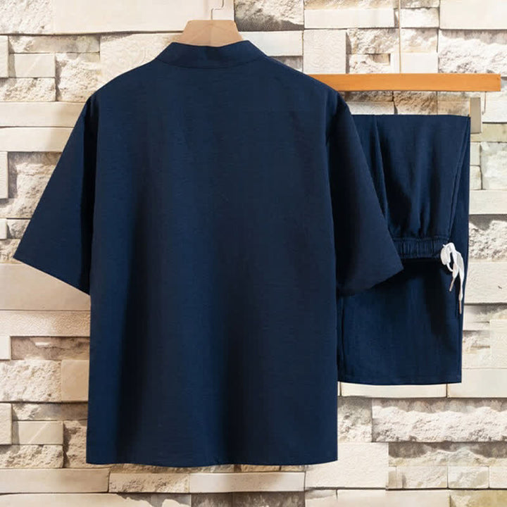 Buddha Stones Ensemble d'été 2 pièces : chemise à manches courtes imprimée délavée avec col mandarin et boutons brandebourg, pantalon bermuda, tenue de méditation pour homme avec poches - image 11