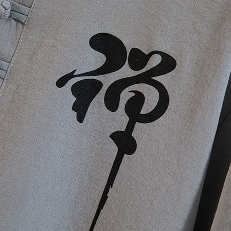 Buddha Stones Ensemble d'été 2 pièces : chemise à manches courtes imprimée délavée avec col mandarin et boutons brandebourg, pantalon bermuda, tenue de méditation pour homme avec poches - image 7