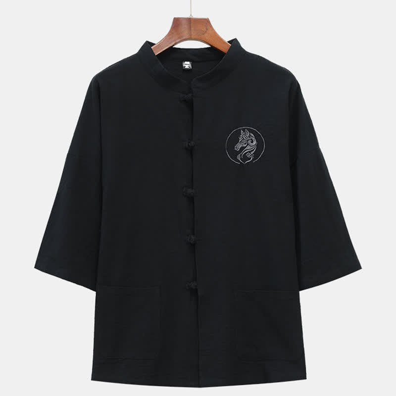 Buddha Stones Chemises d'été pour hommes à manches courtes, col mandarin, broderie cheval, boutons brandebourg, couleur unie, avec poches - Noir - US/UK/AU46，EU56 (5XL) - image 6