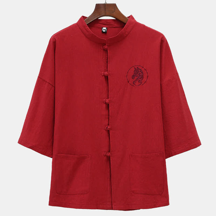 Buddha Stones Chemises d'été pour hommes à manches courtes, col mandarin, broderie cheval, boutons brandebourg, couleur unie, avec poches - FireBrick - US/UK/AU46，EU56 (5XL) - image 2