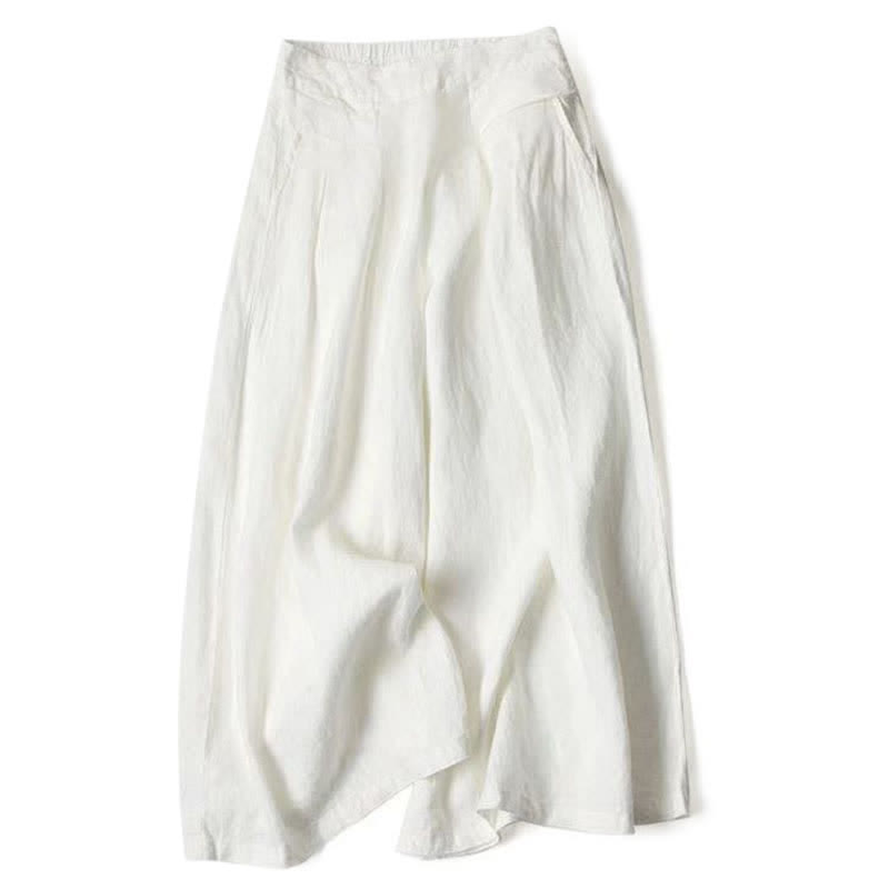 Buddha Stones Pantalon large taille haute pour femme, en coton et lin uni, avec poches - image 22