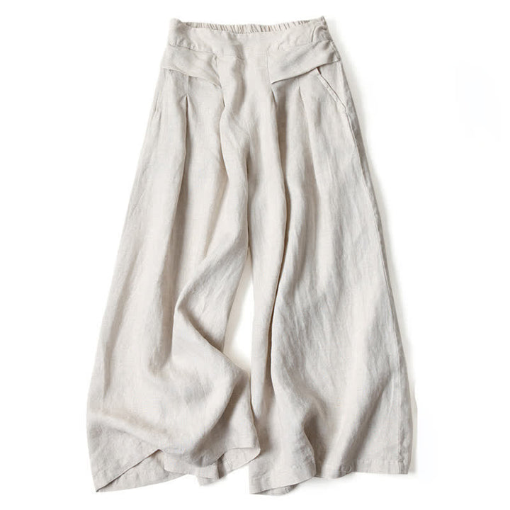 Buddha Stones Pantalon large taille haute pour femme, en coton et lin uni, avec poches - image 14