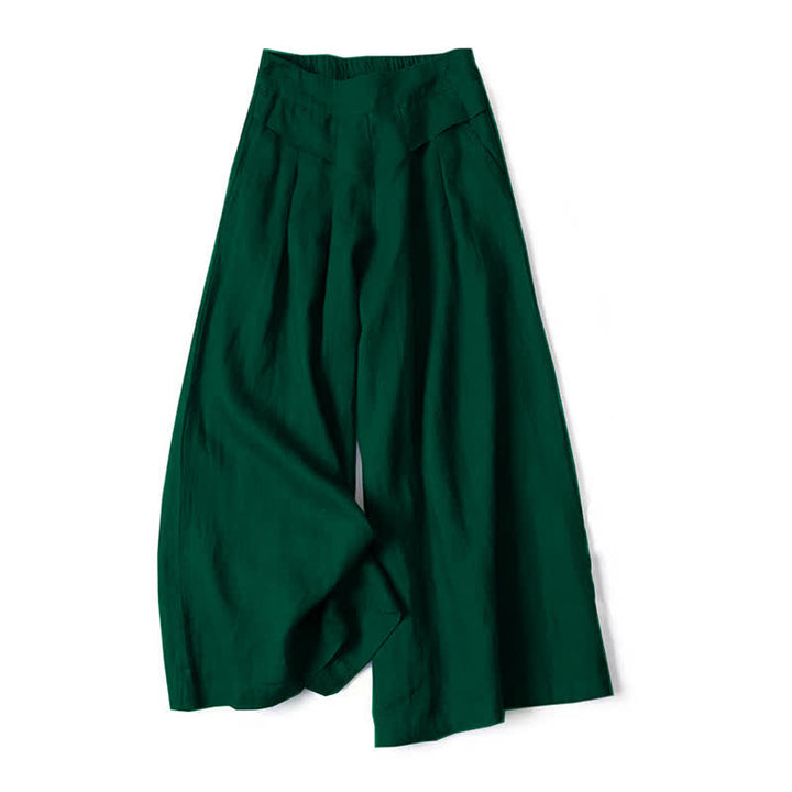 Buddha Stones Pantalon large taille haute pour femme, en coton et lin uni, avec poches - image 16