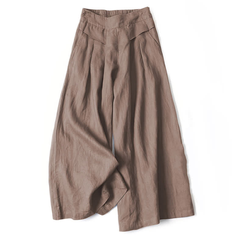Buddha Stones Pantalon large taille haute pour femme, en coton et lin uni, avec poches - image 10