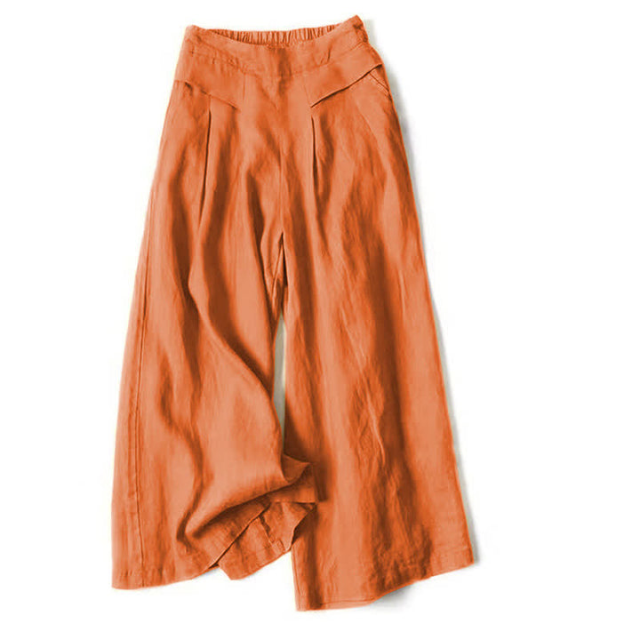 Buddha Stones Pantalon large taille haute pour femme, en coton et lin uni, avec poches - image 18