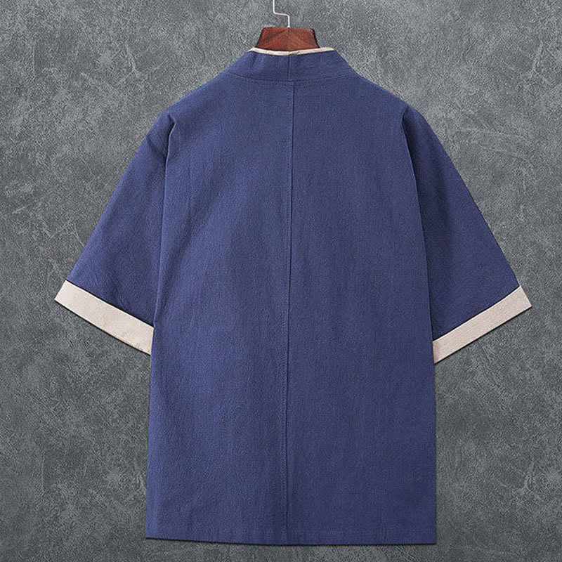 Buddha Stones Kimono d'été minimaliste à col en V et boutons brandebourg pour homme, manches courtes, couleur unie - image 1