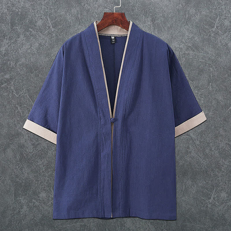 Buddha Stones Kimono d'été minimaliste à col en V et boutons brandebourg pour homme, manches courtes, couleur unie - SteelBlue - US/UK/AU46，EU56 (5XL) - image 0