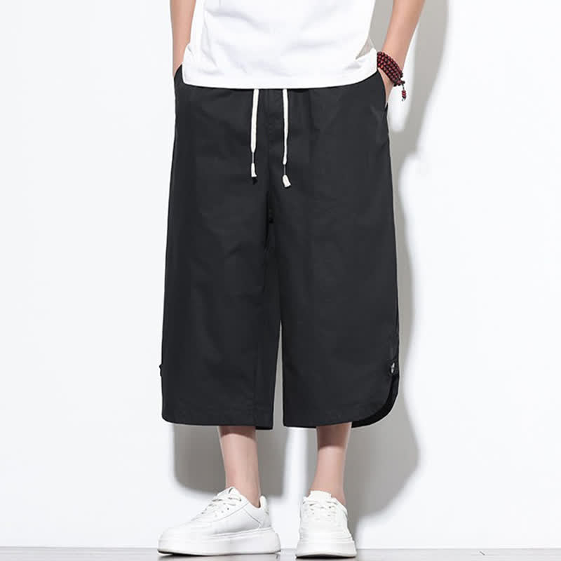 Buddha Stones Pantalon harem d'été décontracté pour homme, en coton uni, avec cordon de serrage, fentes latérales et poches. - image 10