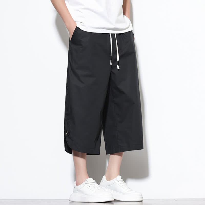 Buddha Stones Pantalon harem d'été décontracté pour homme, en coton uni, avec cordon de serrage, fentes latérales et poches. - image 13