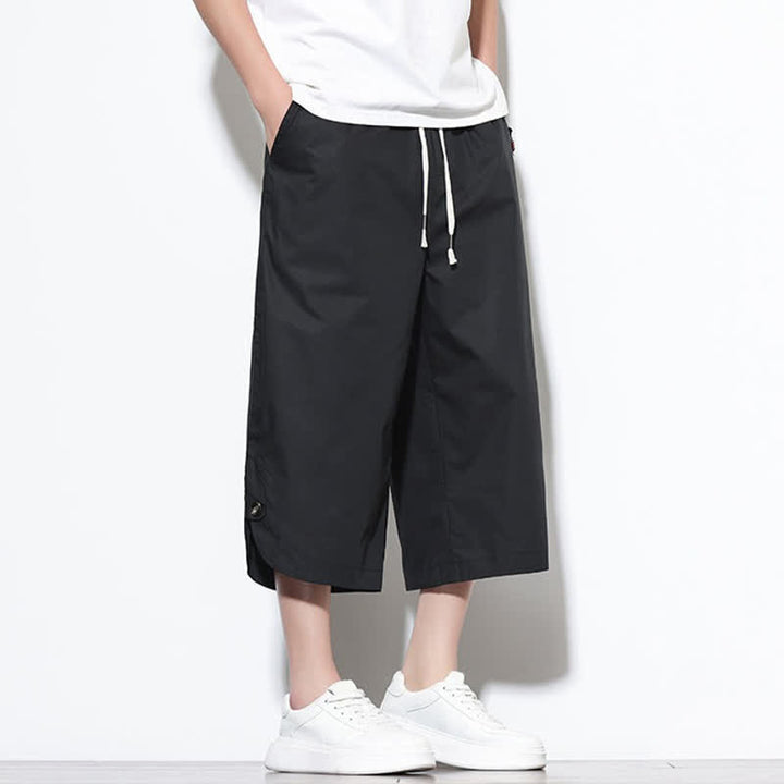 Buddha Stones Pantalon harem d'été décontracté pour homme, en coton uni, avec cordon de serrage, fentes latérales et poches. - image 13