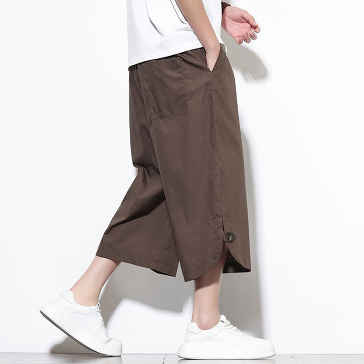Buddha Stones Pantalon harem d'été décontracté pour homme, en coton uni, avec cordon de serrage, fentes latérales et poches. - image 38