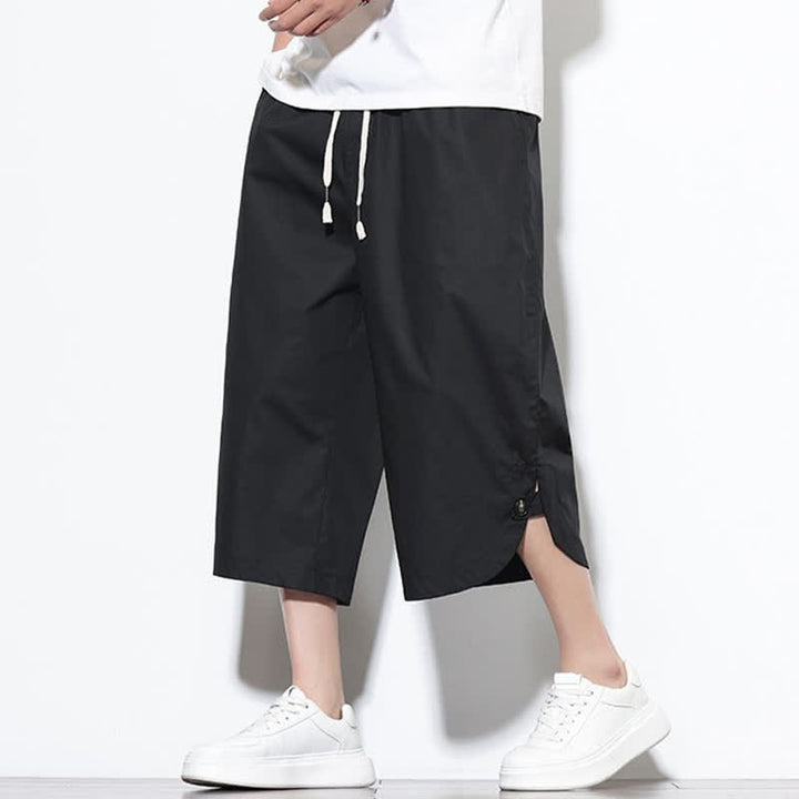 Buddha Stones Pantalon harem d'été décontracté pour homme, en coton uni, avec cordon de serrage, fentes latérales et poches. - Noir - US/UK/AU48，EU58(5XL) - image 9