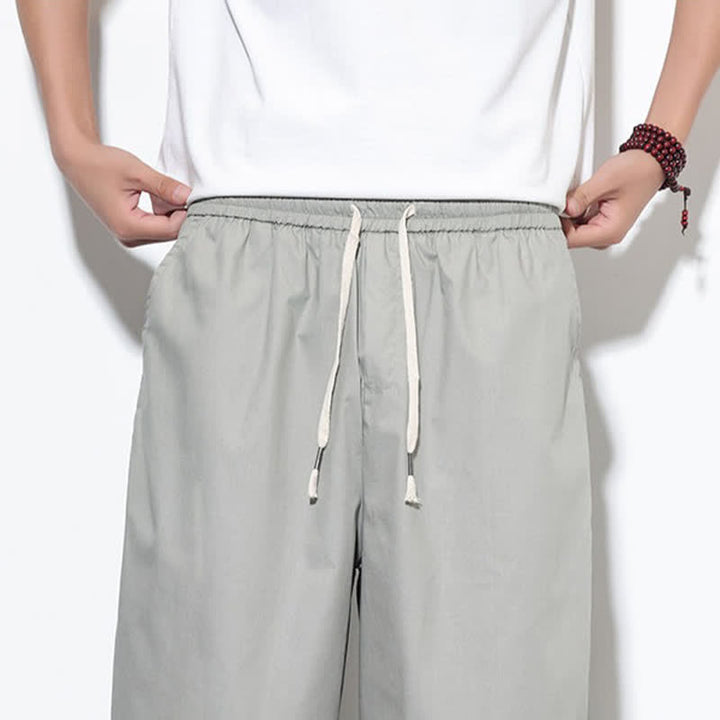 Buddha Stones Pantalon harem d'été décontracté pour homme, en coton uni, avec cordon de serrage, fentes latérales et poches. - image 27