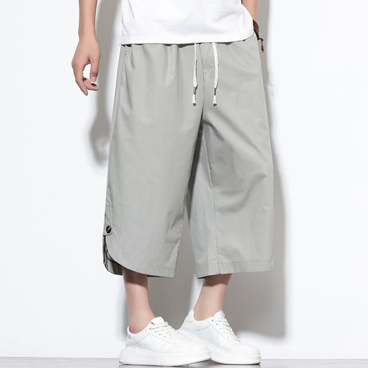 Buddha Stones Pantalon harem d'été décontracté pour homme, en coton uni, avec cordon de serrage, fentes latérales et poches. - image 25