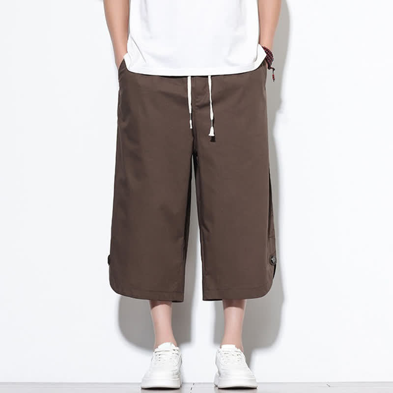 Buddha Stones Pantalon harem d'été décontracté pour homme, en coton uni, avec cordon de serrage, fentes latérales et poches. - image 32
