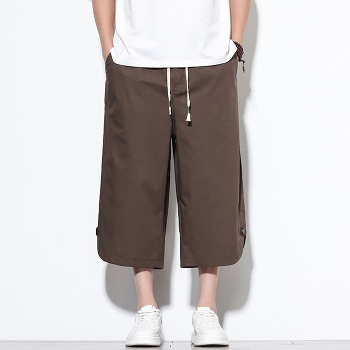 Buddha Stones Pantalon harem d'été décontracté pour homme, en coton uni, avec cordon de serrage, fentes latérales et poches. - image 32