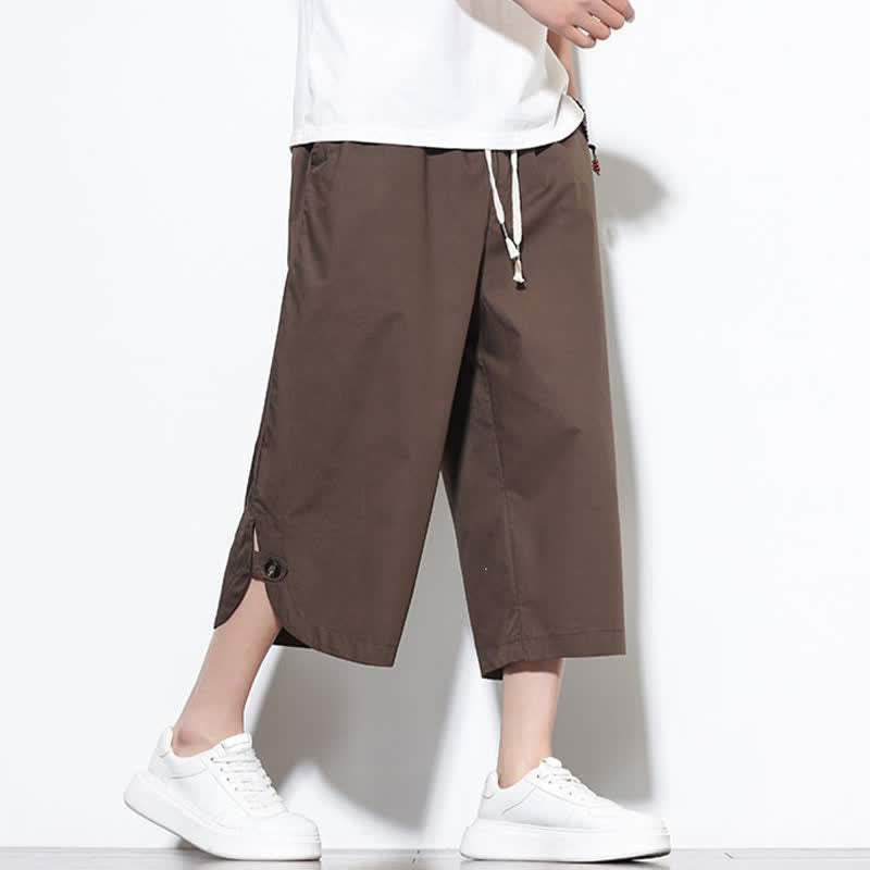 Buddha Stones Pantalon harem d'été décontracté pour homme, en coton uni, avec cordon de serrage, fentes latérales et poches. - image 37