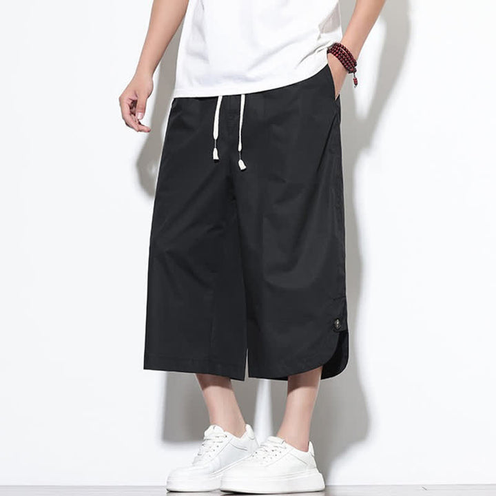 Buddha Stones Pantalon harem d'été décontracté pour homme, en coton uni, avec cordon de serrage, fentes latérales et poches. - image 14
