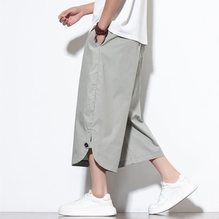 Buddha Stones Pantalon harem d'été décontracté pour homme, en coton uni, avec cordon de serrage, fentes latérales et poches. - image 26