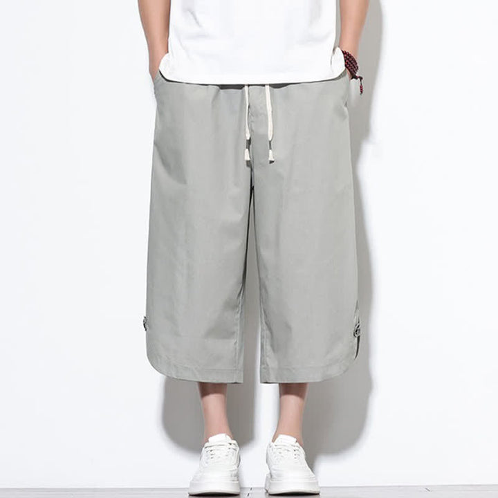 Buddha Stones Pantalon harem d'été décontracté pour homme, en coton uni, avec cordon de serrage, fentes latérales et poches. - image 19