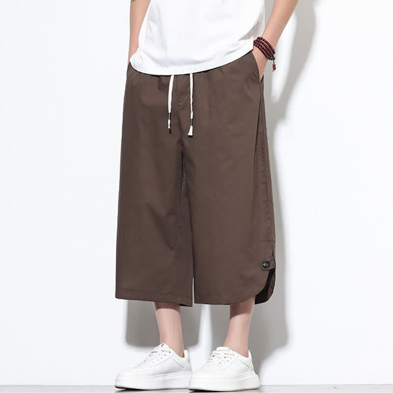 Buddha Stones Pantalon harem d'été décontracté pour homme, en coton uni, avec cordon de serrage, fentes latérales et poches. - image 34