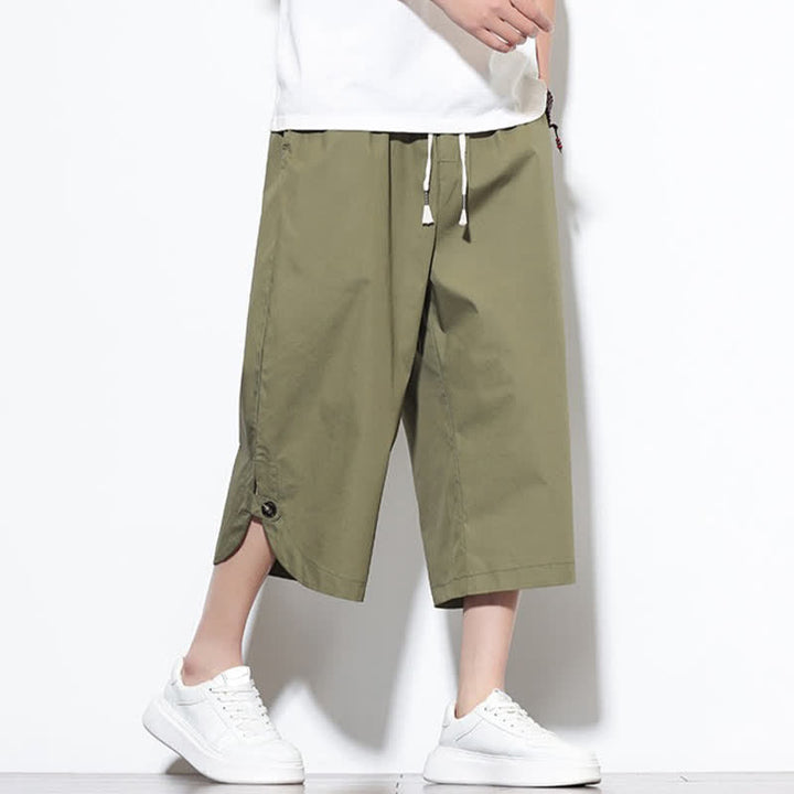 Buddha Stones Pantalon harem d'été décontracté pour homme, en coton uni, avec cordon de serrage, fentes latérales et poches. - image 6