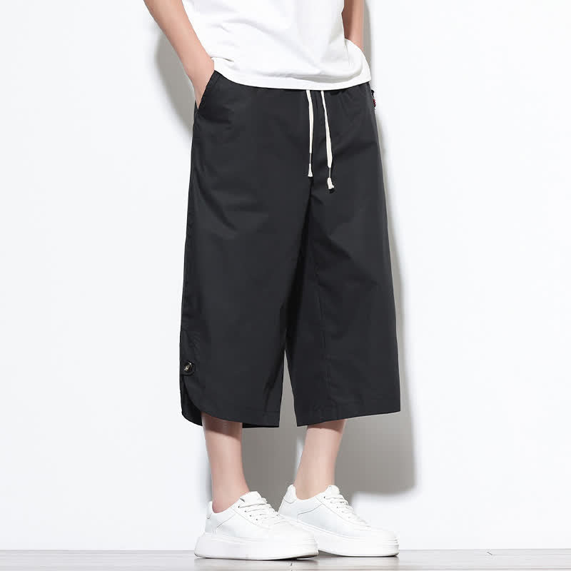 Buddha Stones Pantalon harem d'été décontracté pour homme, en coton uni, avec cordon de serrage, fentes latérales et poches. - image 12
