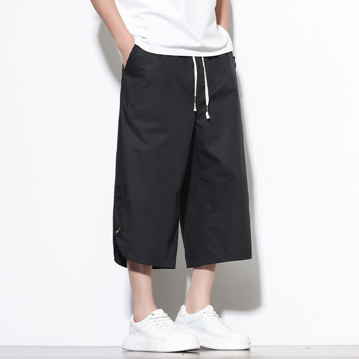 Buddha Stones Pantalon harem d'été décontracté pour homme, en coton uni, avec cordon de serrage, fentes latérales et poches. - image 12