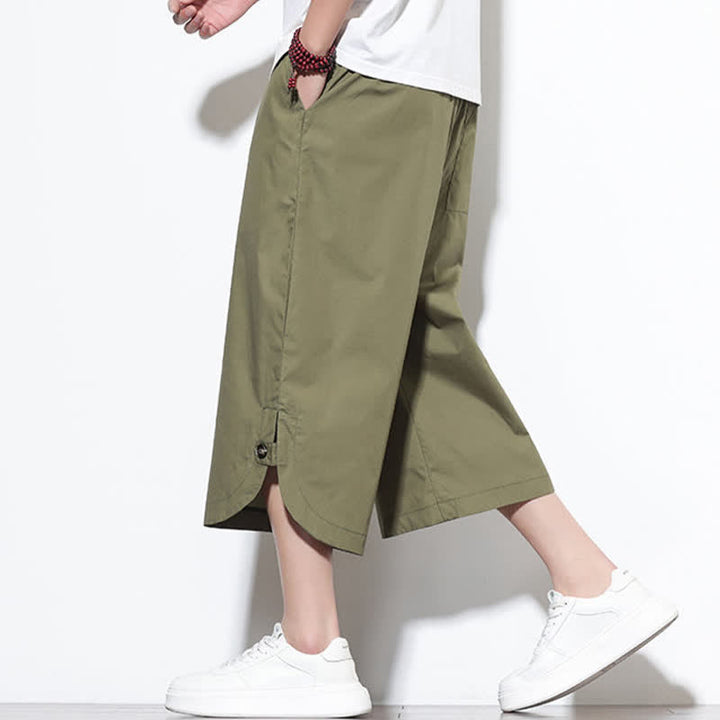 Buddha Stones Pantalon harem d'été décontracté pour homme, en coton uni, avec cordon de serrage, fentes latérales et poches. - image 4