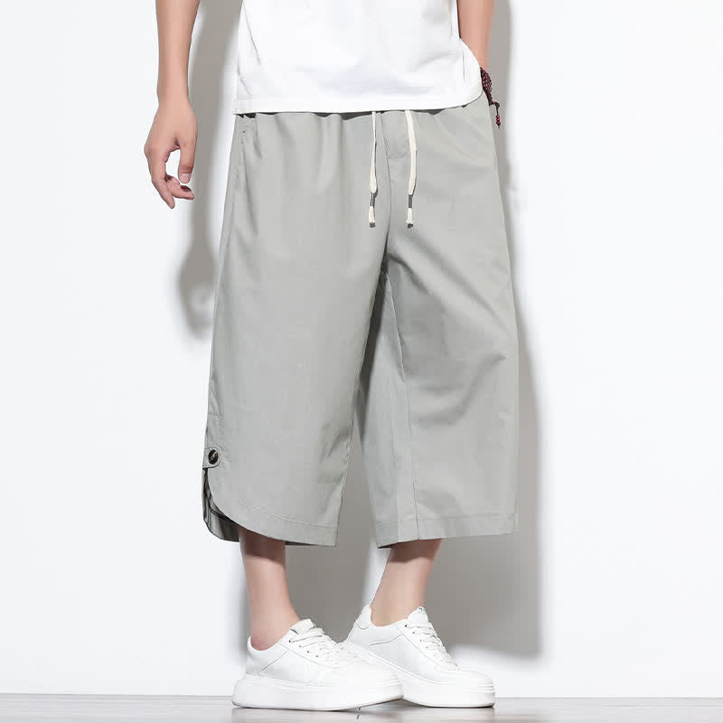 Buddha Stones Pantalon harem d'été décontracté pour homme, en coton uni, avec cordon de serrage, fentes latérales et poches. - image 23
