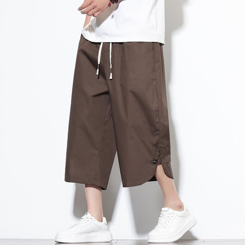 Buddha Stones Pantalon harem d'été décontracté pour homme, en coton uni, avec cordon de serrage, fentes latérales et poches. - image 35