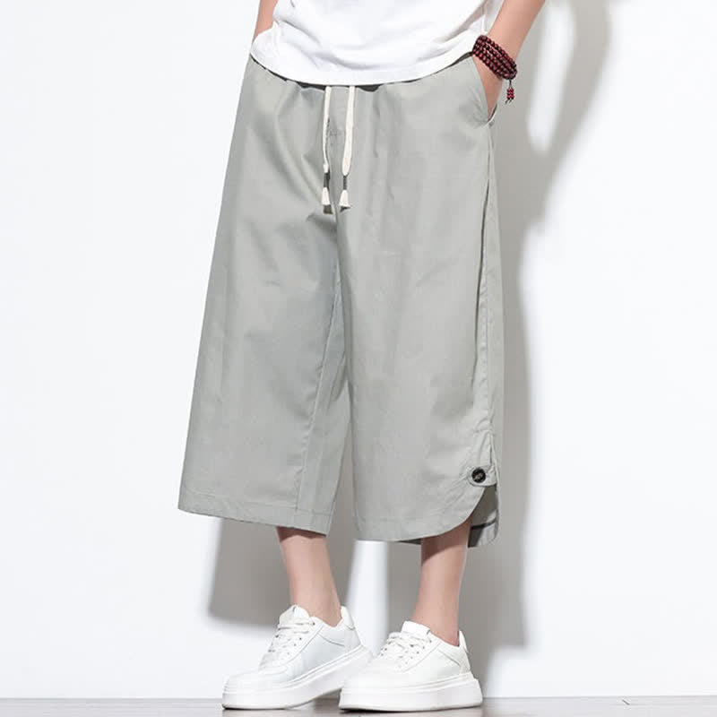 Buddha Stones Pantalon harem d'été décontracté pour homme, en coton uni, avec cordon de serrage, fentes latérales et poches. - image 24