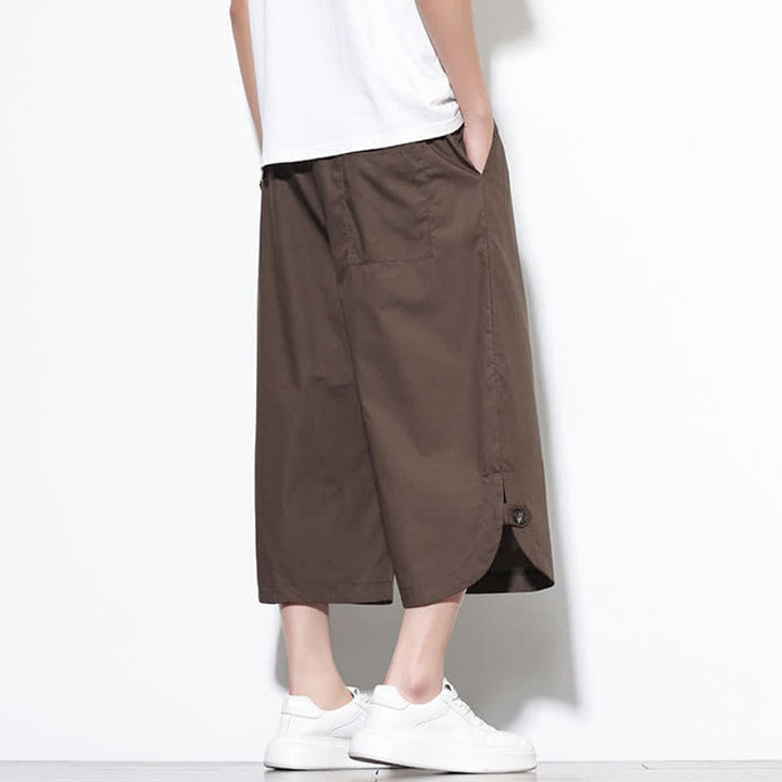 Buddha Stones Pantalon harem d'été décontracté pour homme, en coton uni, avec cordon de serrage, fentes latérales et poches. - image 33