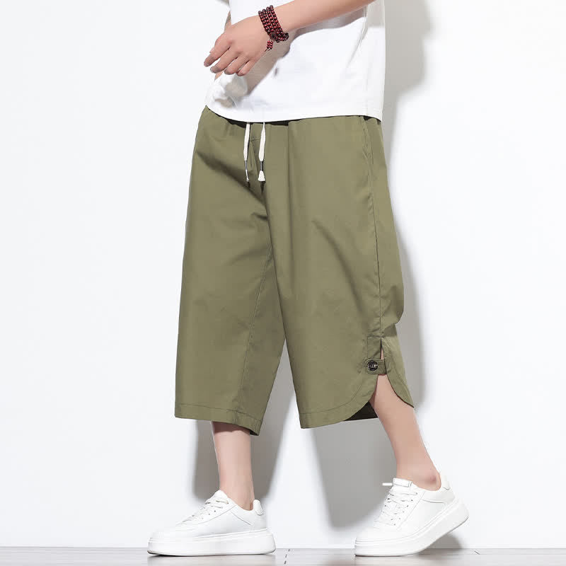 Buddha Stones Pantalon harem d'été décontracté pour homme, en coton uni, avec cordon de serrage, fentes latérales et poches. - Vert olive - US/UK/AU46，EU56 (5XL) - image 0