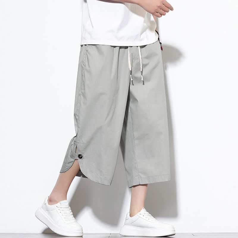 Buddha Stones Pantalon harem d'été décontracté pour homme, en coton uni, avec cordon de serrage, fentes latérales et poches. - image 21